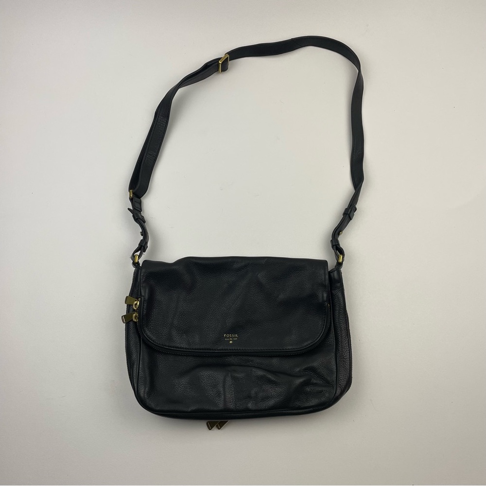 Vintage Fossil Black Leather Gold Zip Crossbody Handbag Purse